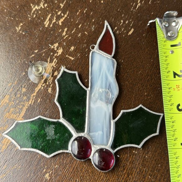 Vintage Stained Glass Suncatcher Candle & Holly Christmas Window Decor w Hanger - Picture 3 of 3